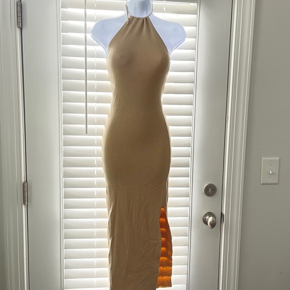 ASOS Tan Backless Halter Mini Side Slit Dress - Picture 1 of 6